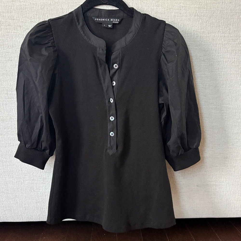 Veronica Beard Black Puff Sleeve Button-Front Top